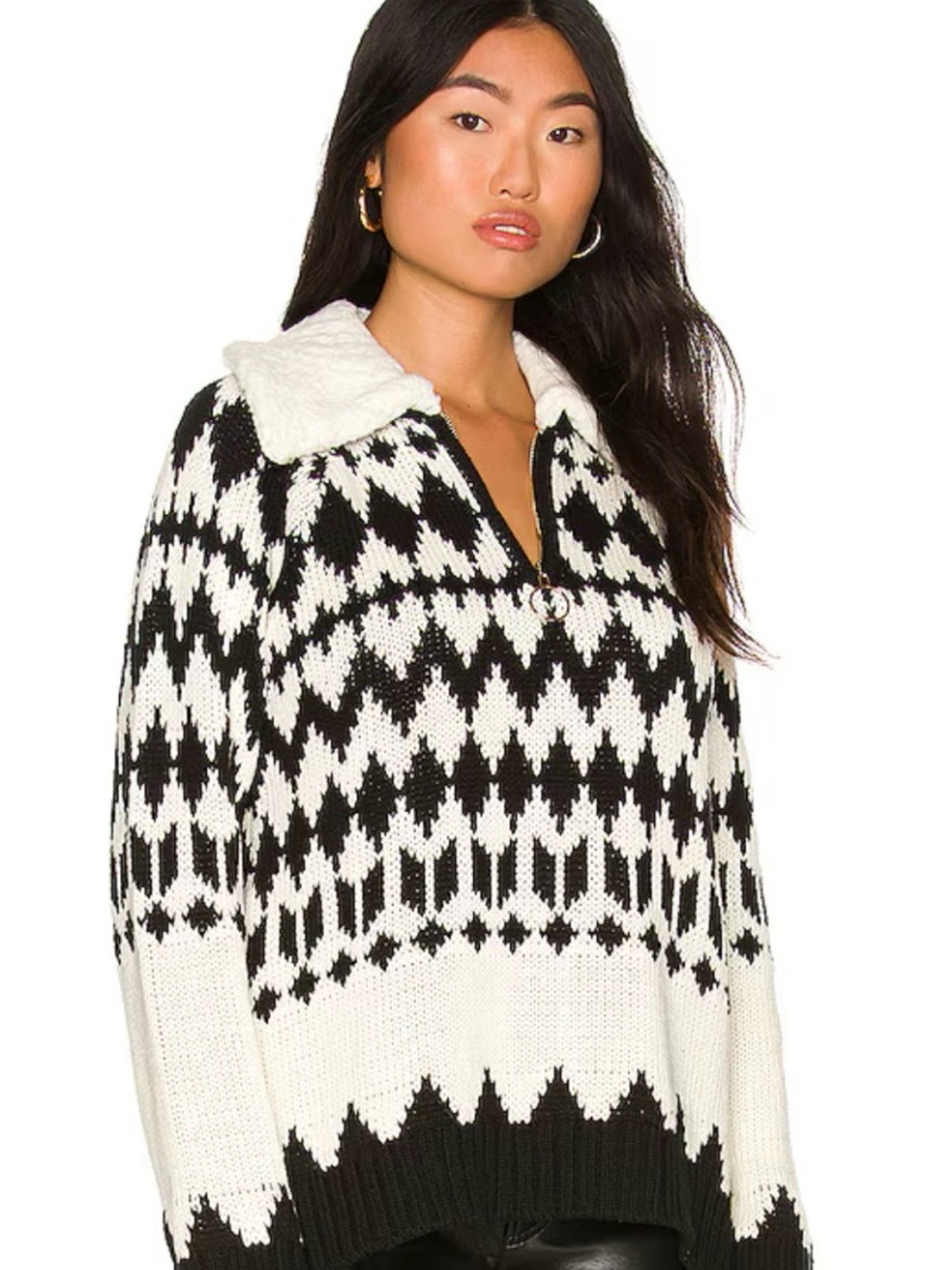 Show Me Your MuMu Black & White Geometric Sherpa-Collar Turtleneck Pullover